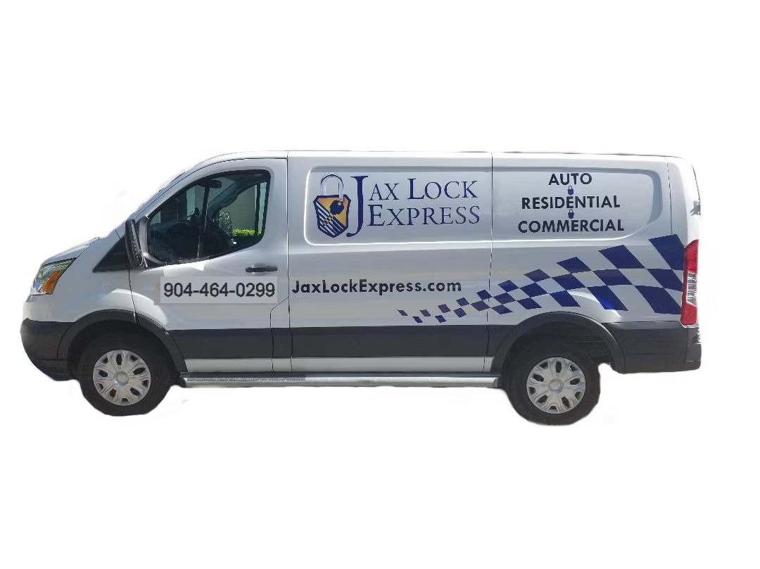 A white Jax Lock Express service van with blue branding, a padlock logo, and contact details on its side.