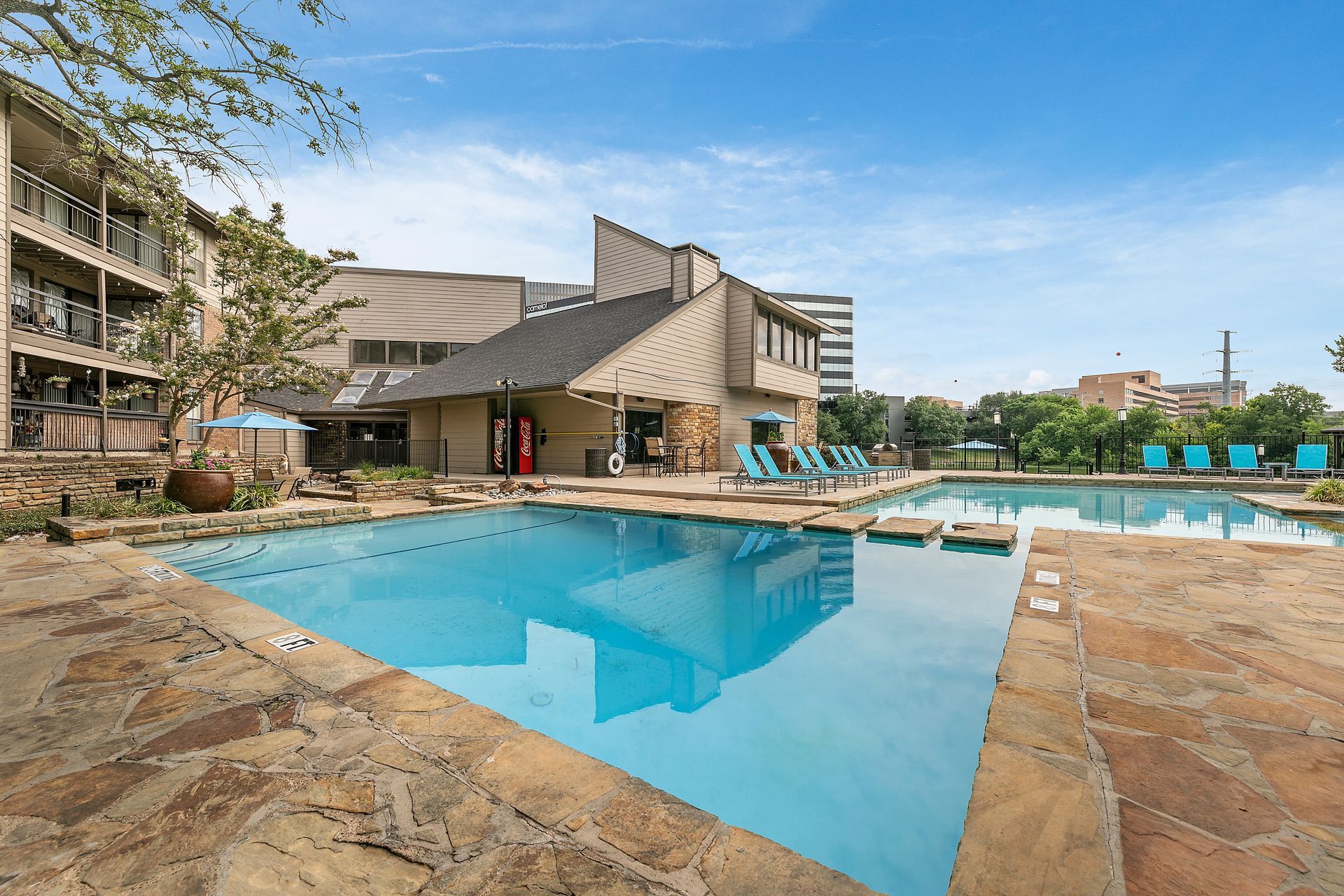 Photo of a community pool, broken into two medium-sized pools