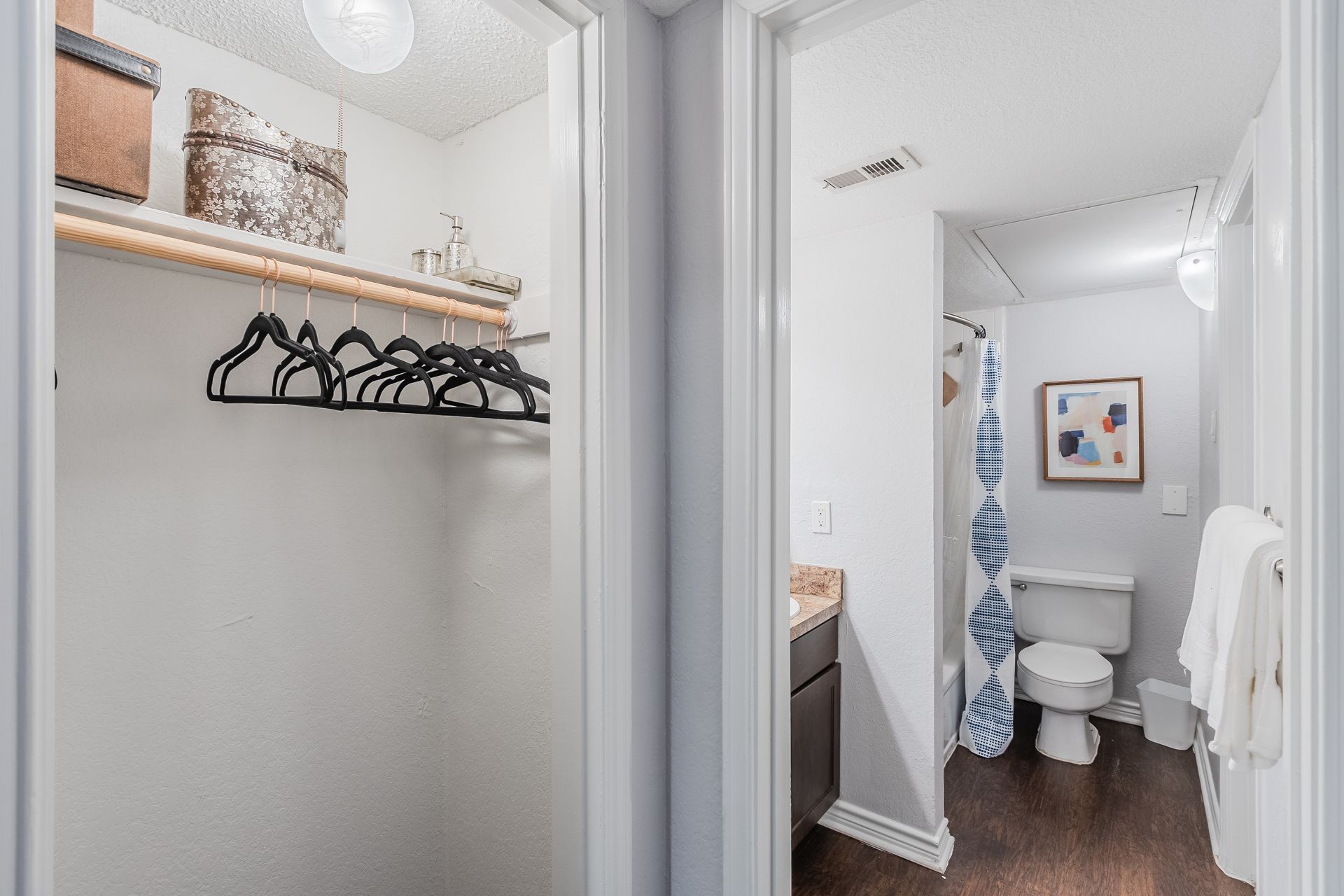 Photo of a closet with a sink in the middle ground and a toilet in the background