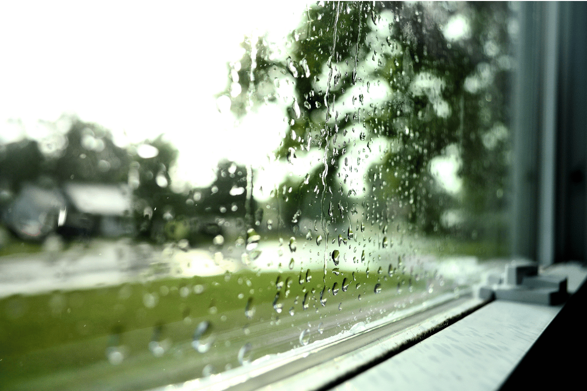 Raindrops on a window pane with a blurred view of a green lawn and trees outside.