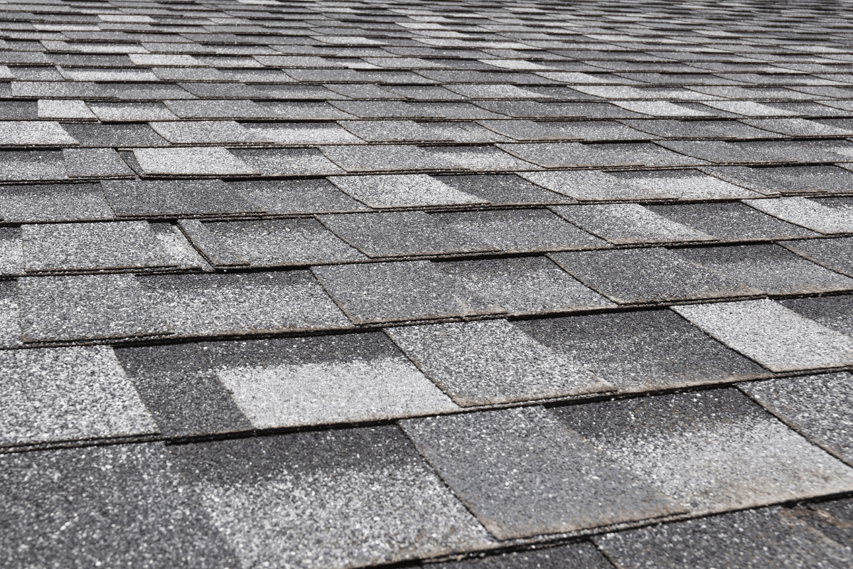 Close-up view of a gray asphalt shingle roof, textured surface, angled perspective.
