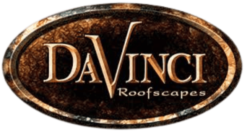 DaVinci Roofscapes logo: brown oval with gold text, reads