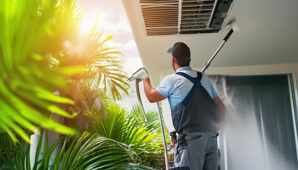 A man is cleaning the ceiling of a house with a high pressure washer.