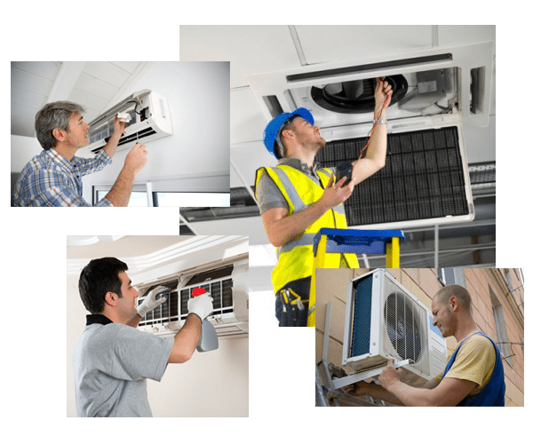 A group of men are working on an air conditioner.