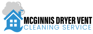 Logo for McGinnis Dryer Vent Cleaning Service, features a blue house with smoke and black text.