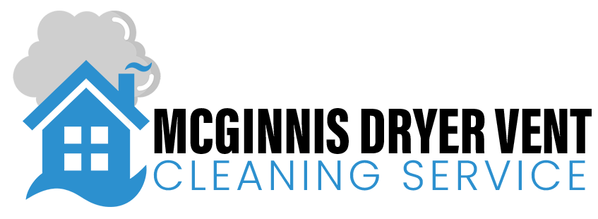 Logo for McGinnis Dryer Vent Cleaning Service, features a blue house with smoke and black text.