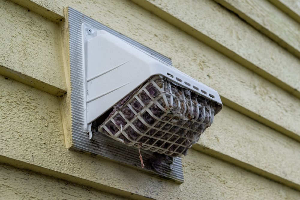 A white dryer vent hood on beige siding, clogged with lint trapped by a protective mesh cage.
