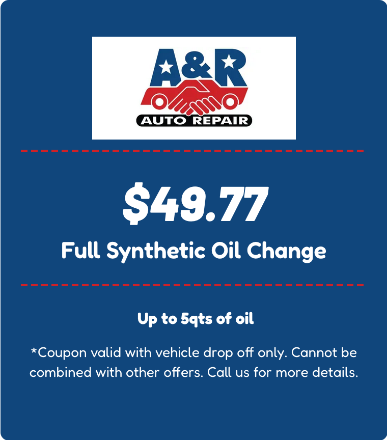 A&R Auto Repair coupon for a $49.77 full synthetic oil change for up to 5 quarts of oil with vehicle drop off.