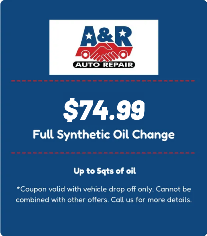 A&R Auto Repair coupon for full synthetic oil change for up to 5 quarts of oil with vehicle drop off.