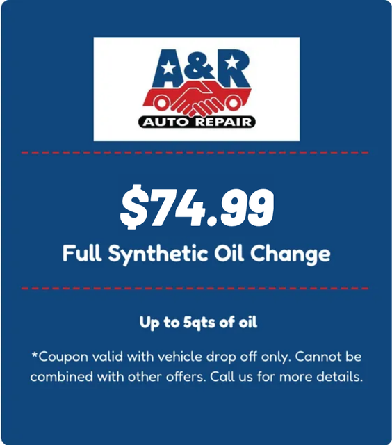 A&R Auto Repair coupon for full synthetic oil change for up to 5 quarts of oil with vehicle drop off.