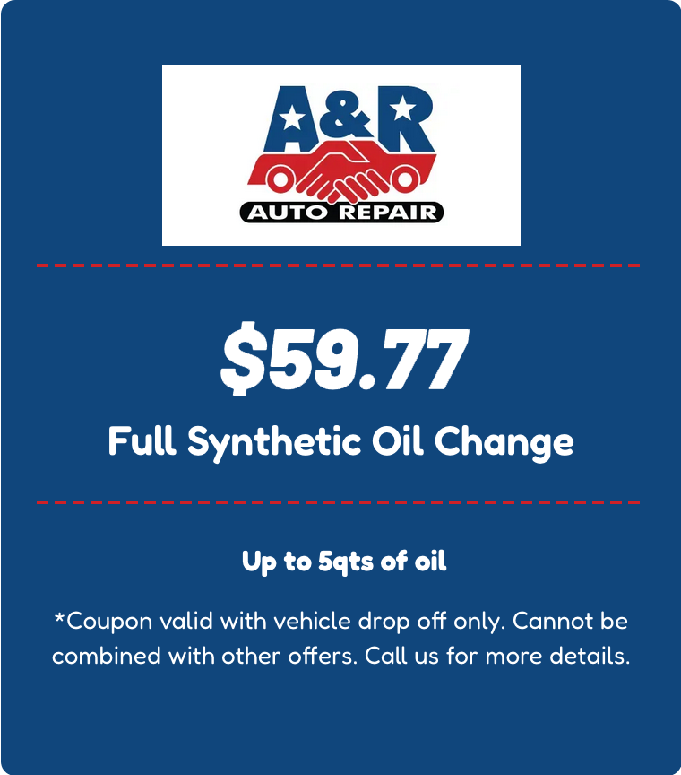A&R Auto Repair coupon for a $49.77 full synthetic oil change for up to 5 quarts of oil with vehicle drop off.