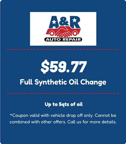 A&R Auto Repair coupon for a $49.77 full synthetic oil change for up to 5 quarts of oil with vehicle drop off.