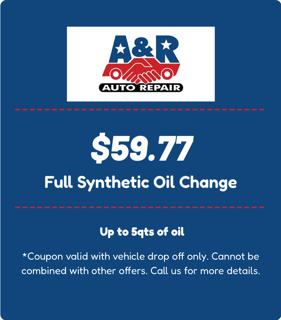 A&R Auto Repair coupon for a $49.77 full synthetic oil change for up to 5 quarts of oil with vehicle drop off.