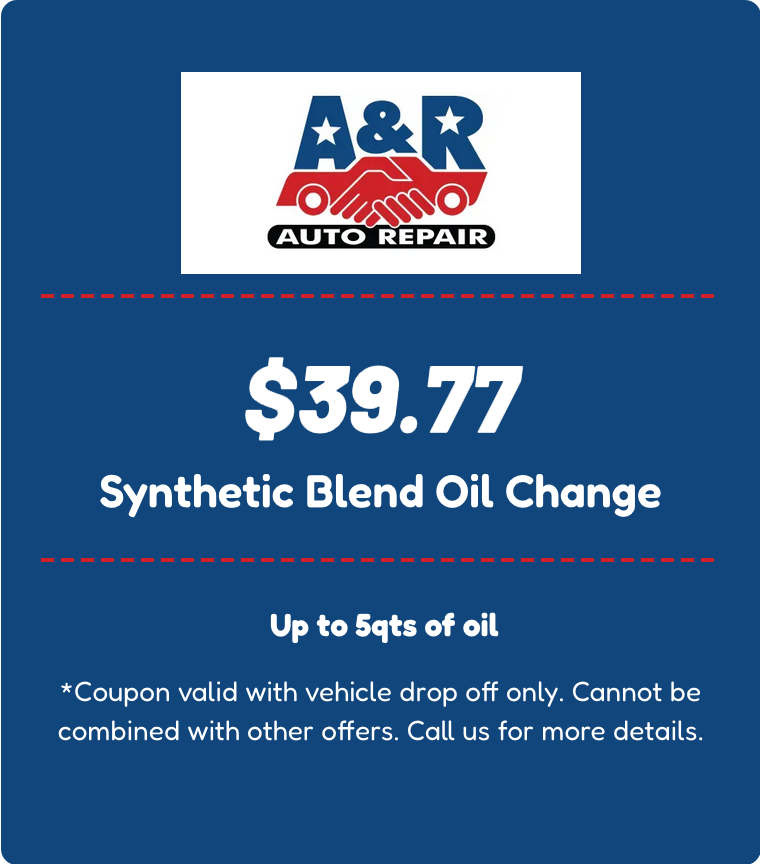 A&R Auto Repair coupon for a $29.77 synthetic blend oil change, valid for up to 5 quarts of oil with vehicle drop off.