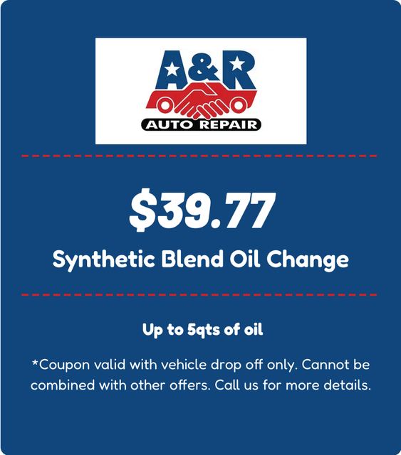 A&R Auto Repair coupon for a $29.77 synthetic blend oil change, valid for up to 5 quarts of oil with vehicle drop off.