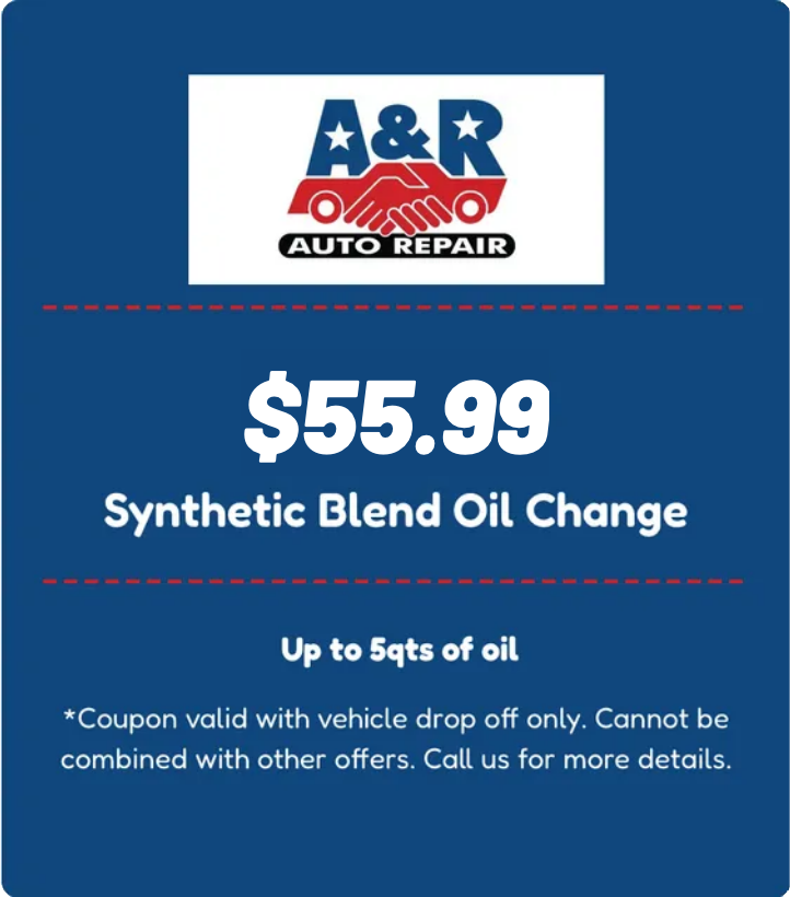 A&R Auto Repair coupon for synthetic blend oil change, valid for up to 5 quarts of oil with vehicle drop off.