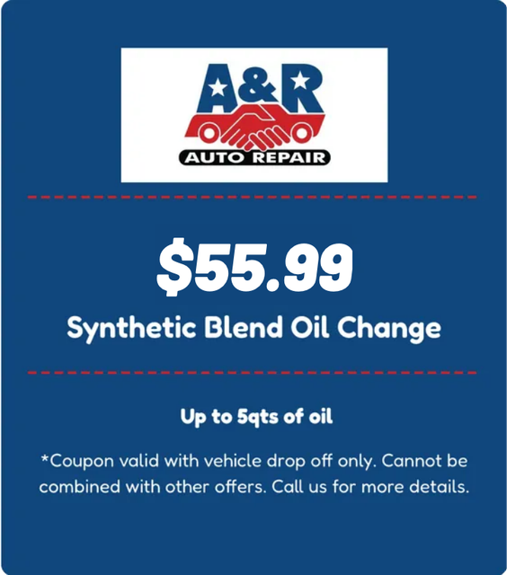 A&R Auto Repair coupon for synthetic blend oil change, valid for up to 5 quarts of oil with vehicle drop off.