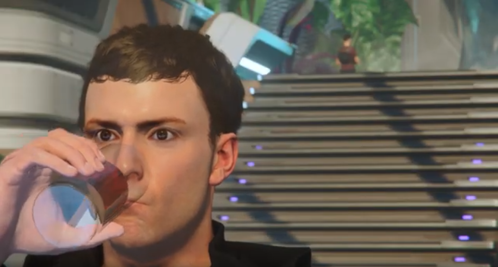 Man drinking from a glass, looking to the side. Bright indoor setting with futuristic design. Season 1 recap Lost Starman