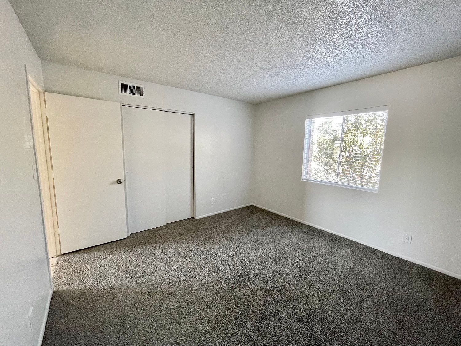 Empty bedroom with carpet, a window, and a closet.
