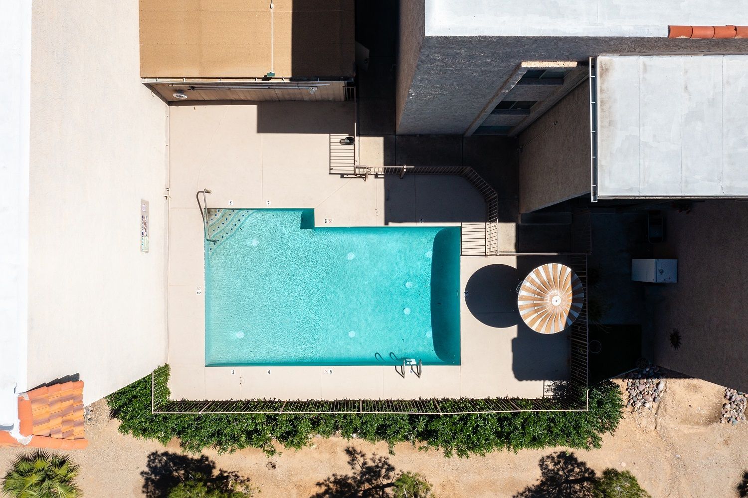 Overhead view of a rectangular pool surrounded by a beige patio and buildings. Green bushes border the pool.