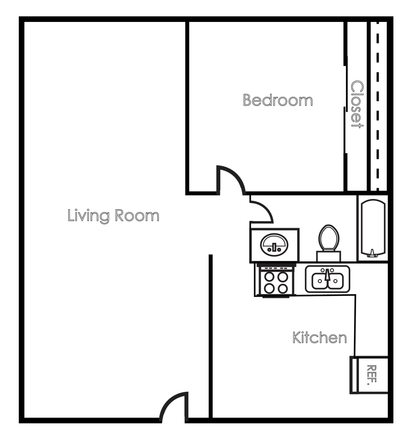 Floor plan of a small apartment: living room, kitchen, bedroom with closet, and bathroom.