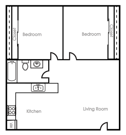 Floor plan of a small apartment: Living room, kitchen, bedroom, closet, and bathroom.