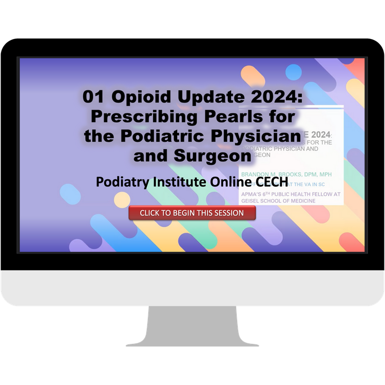 A monitor displays a Podiatry Institute online CECH training course title: