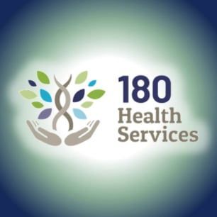 Logo for 180 Health Services featuring a stylized DNA helix forming a tree shape held by two hands, with colorful leaves.