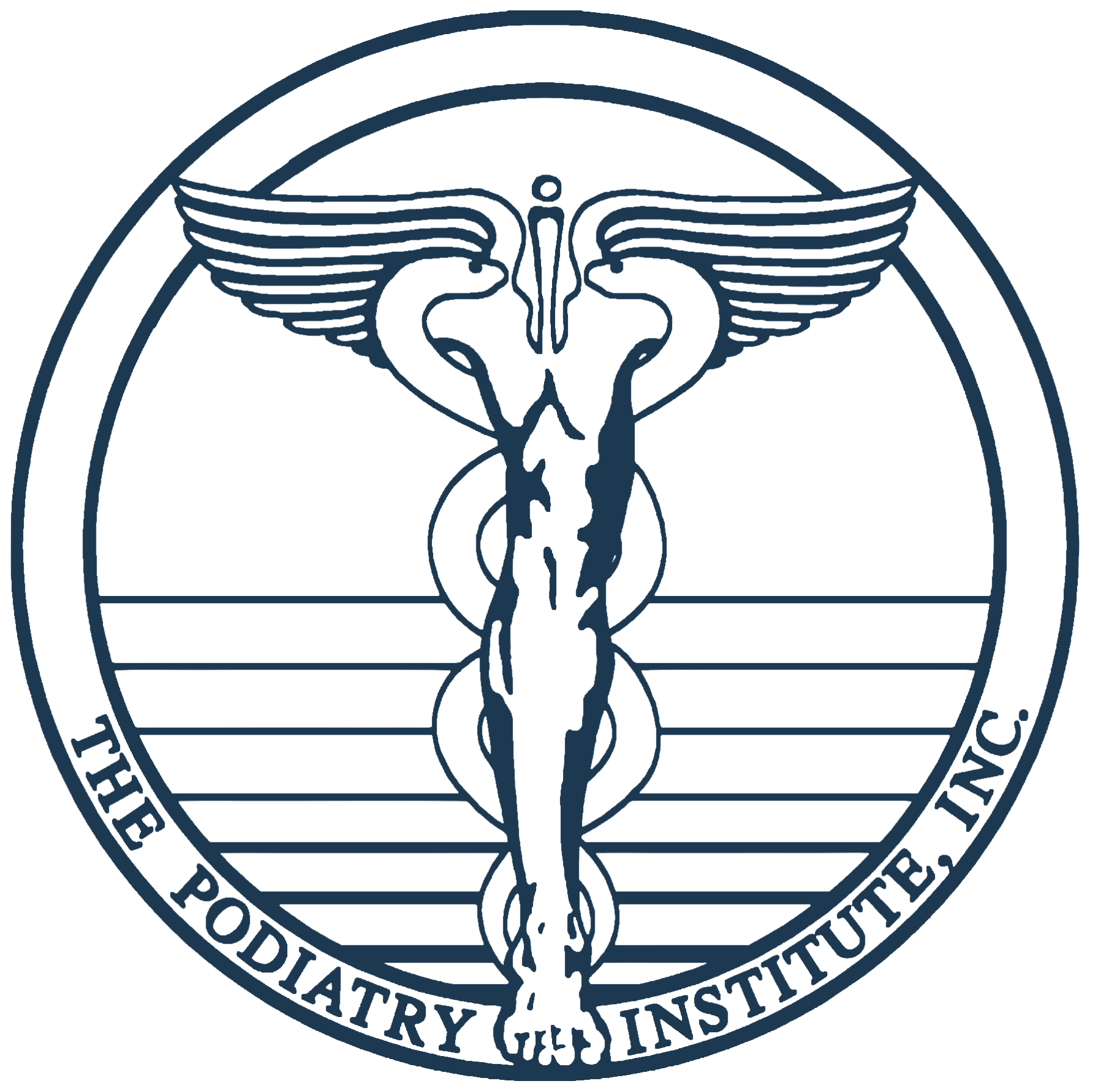 Logo of The Podiatry Institute, Inc.: a stylized caduceus with a human foot at the base, enclosed in a circular border.