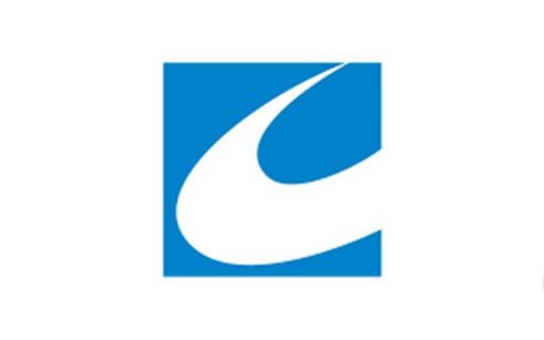 A white, curved, abstract shape inside a blue square.