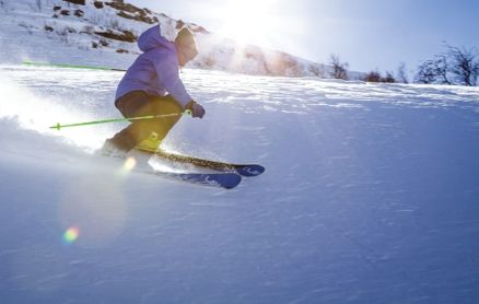 A person in a purple jacket skis down a snowy mountain slope on a bright, sunny day.