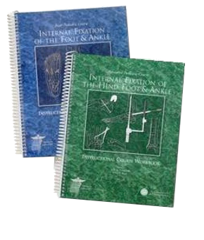 Two spiral-bound instructional workbooks for surgery on the foot and ankle, one blue and one green.