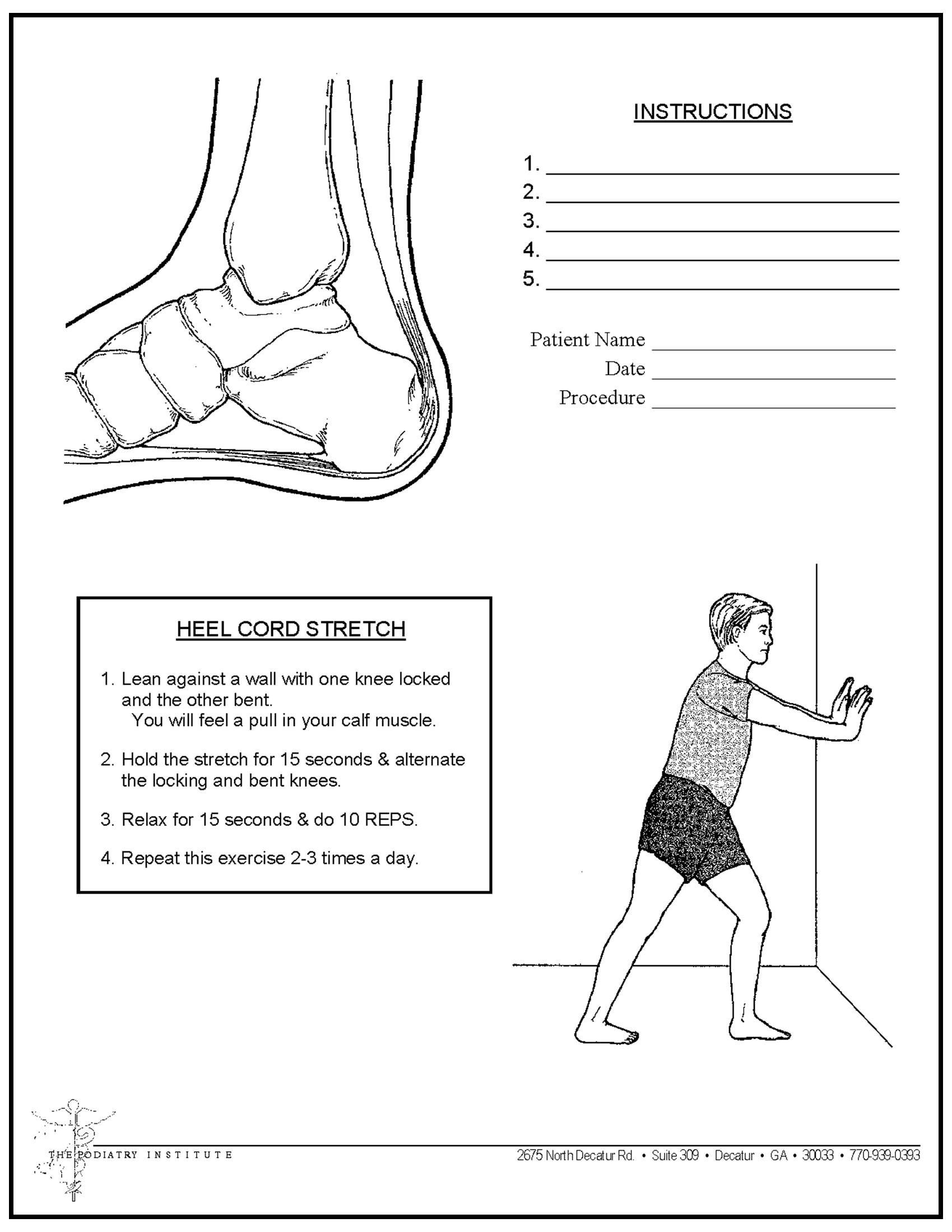 Physical therapy exercise sheet showing an anatomical drawing of an ankle and a person performing a calf stretch at a wall.