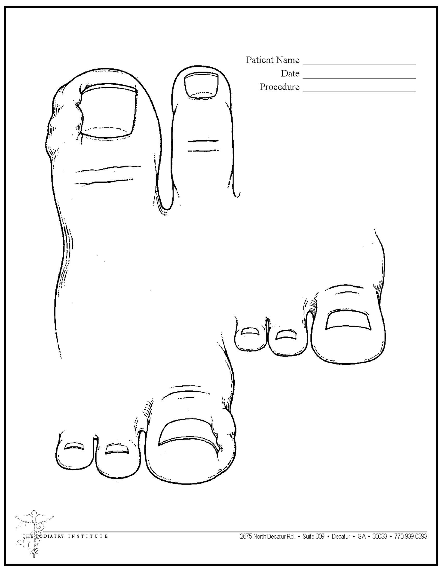 A black and white line drawing of a foot-shaped template with blank spaces to write name and date.