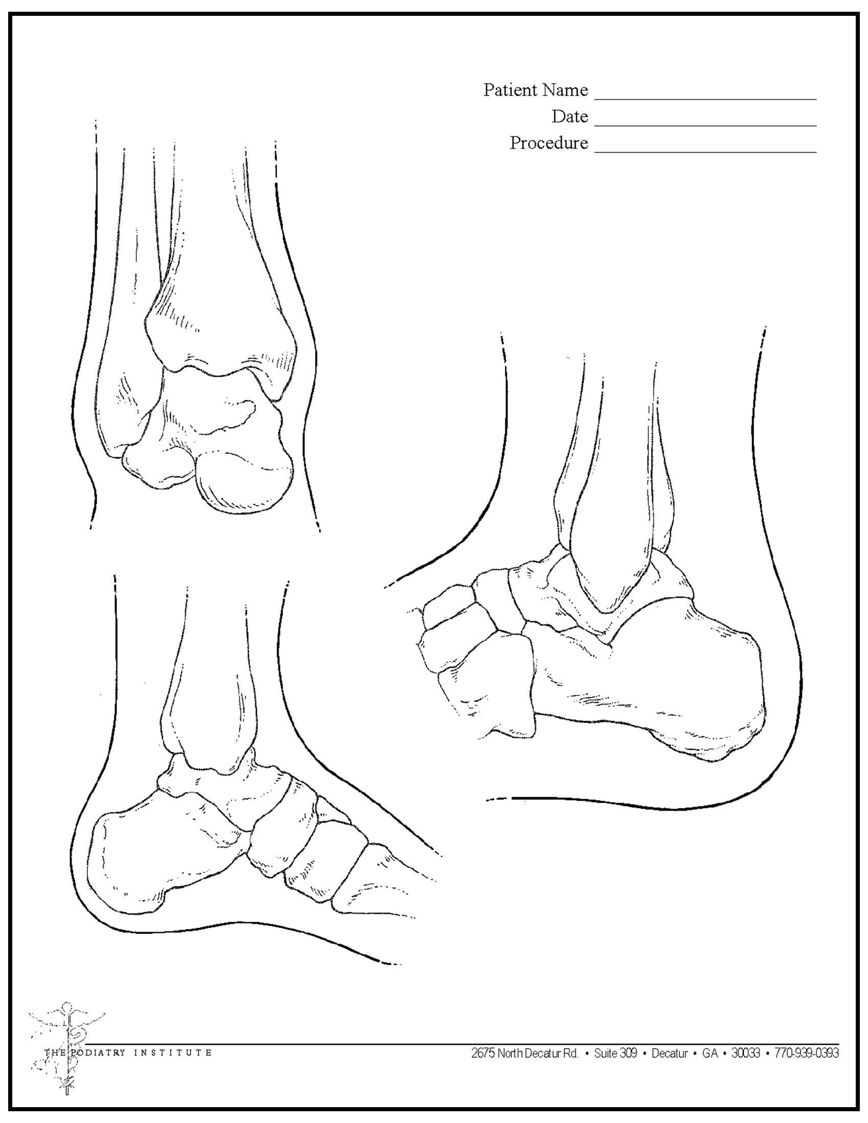Medical line drawing of a human ankle in three different views for clinical documentation.