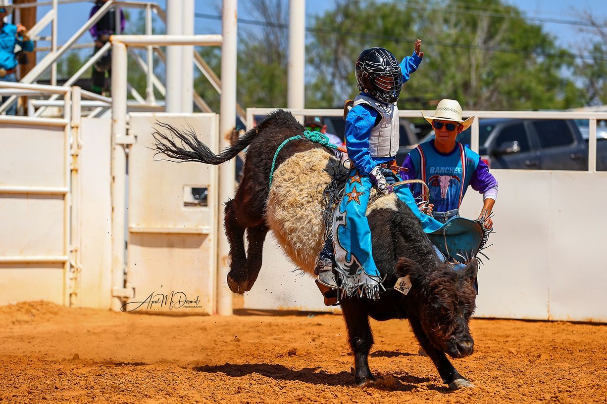 Bull rider in blue and white gear, on a bucking black bull in an arena.