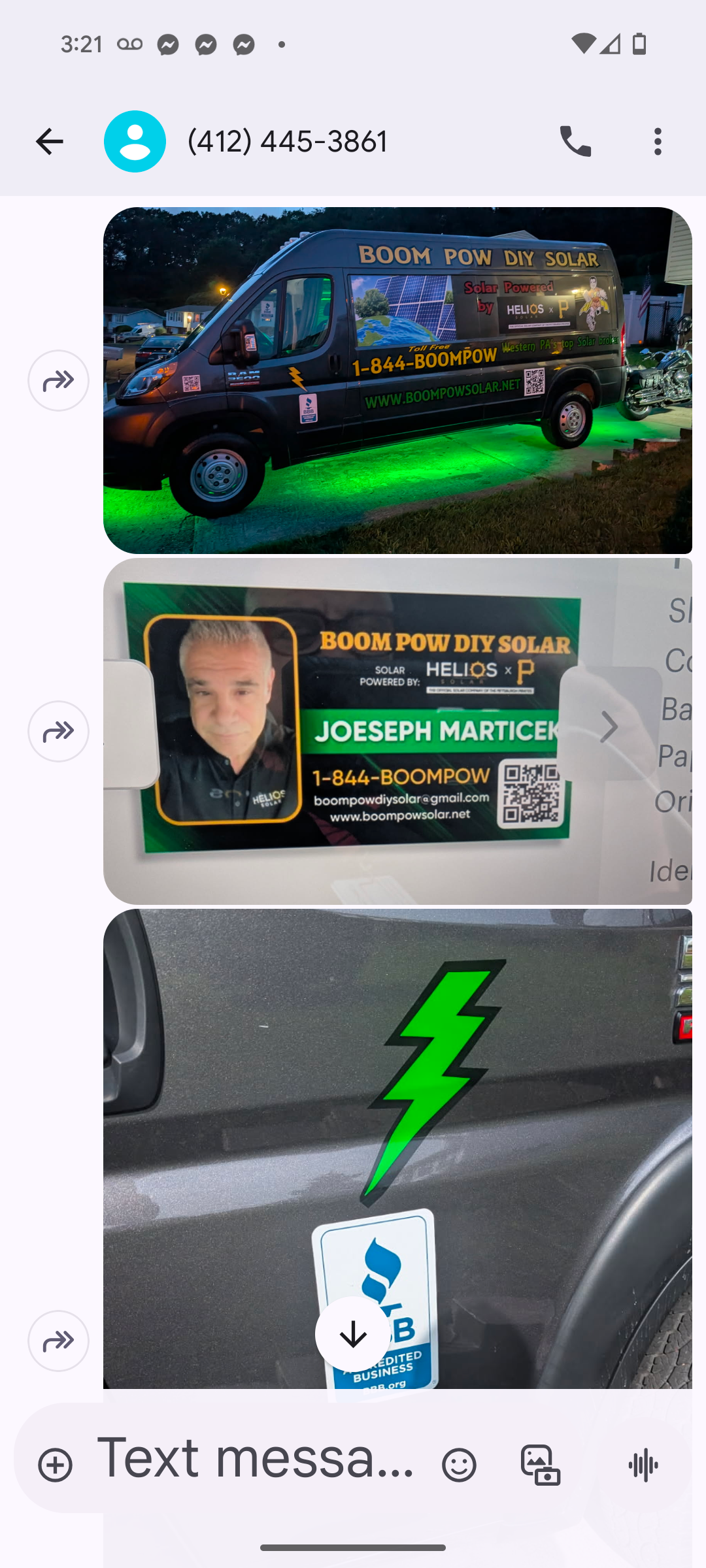 A screenshot of a text message with a picture of a van and a lightning bolt.