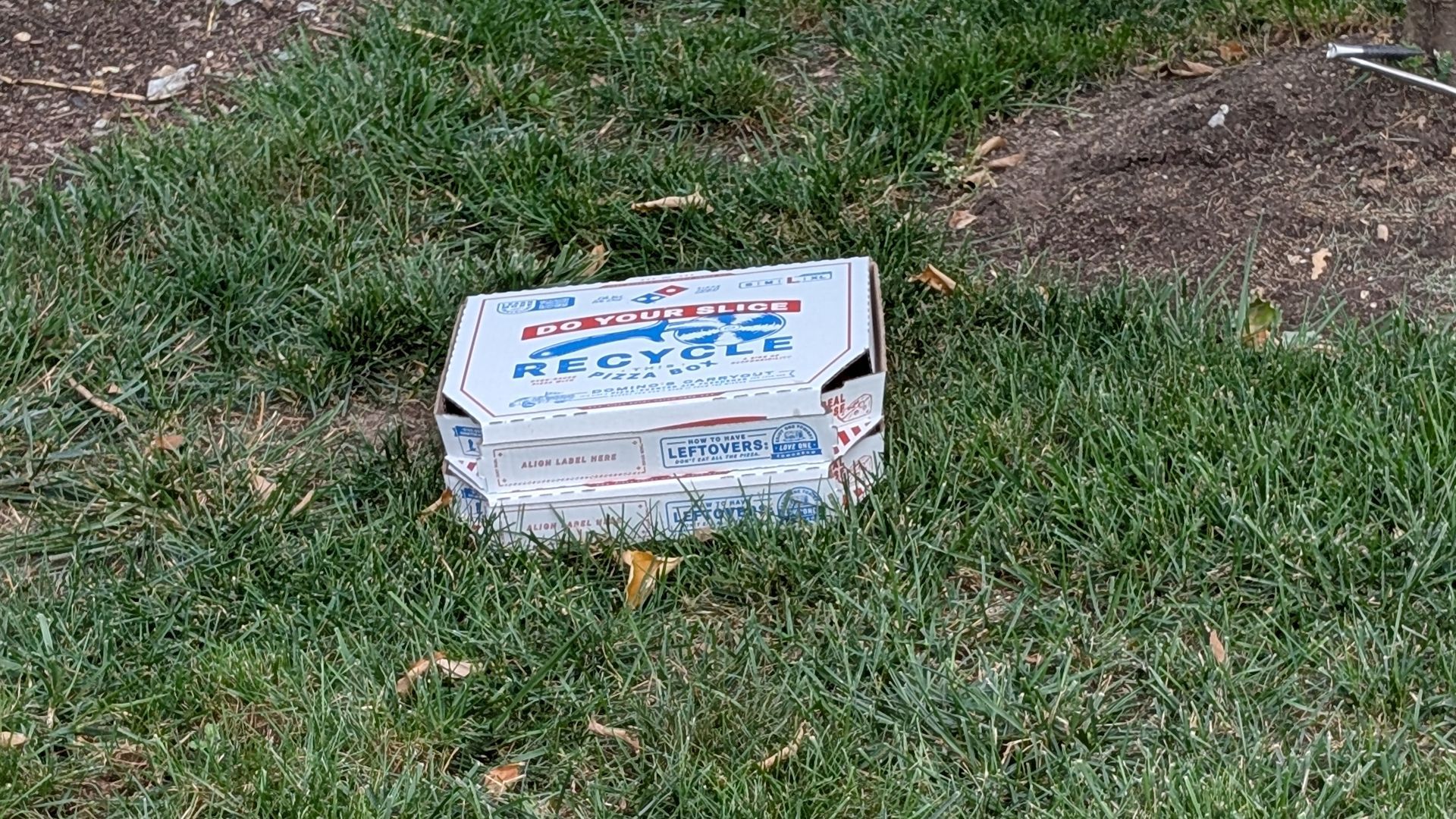 Crushed blue and white cardboard box on green grass, likely discarded outdoors.