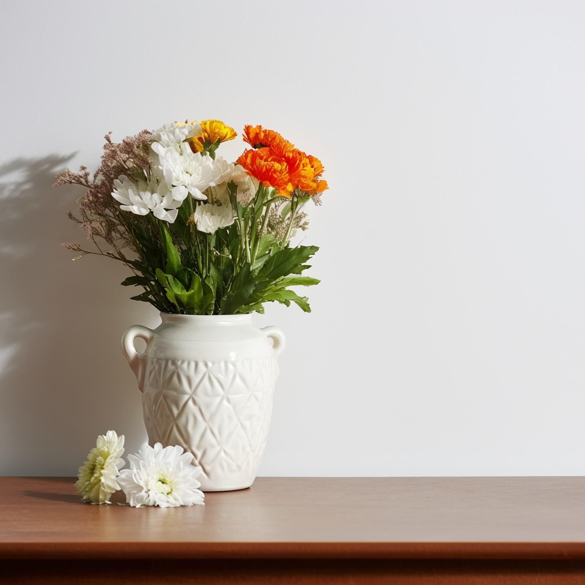 A white vase filled with flowers sits on a wooden table