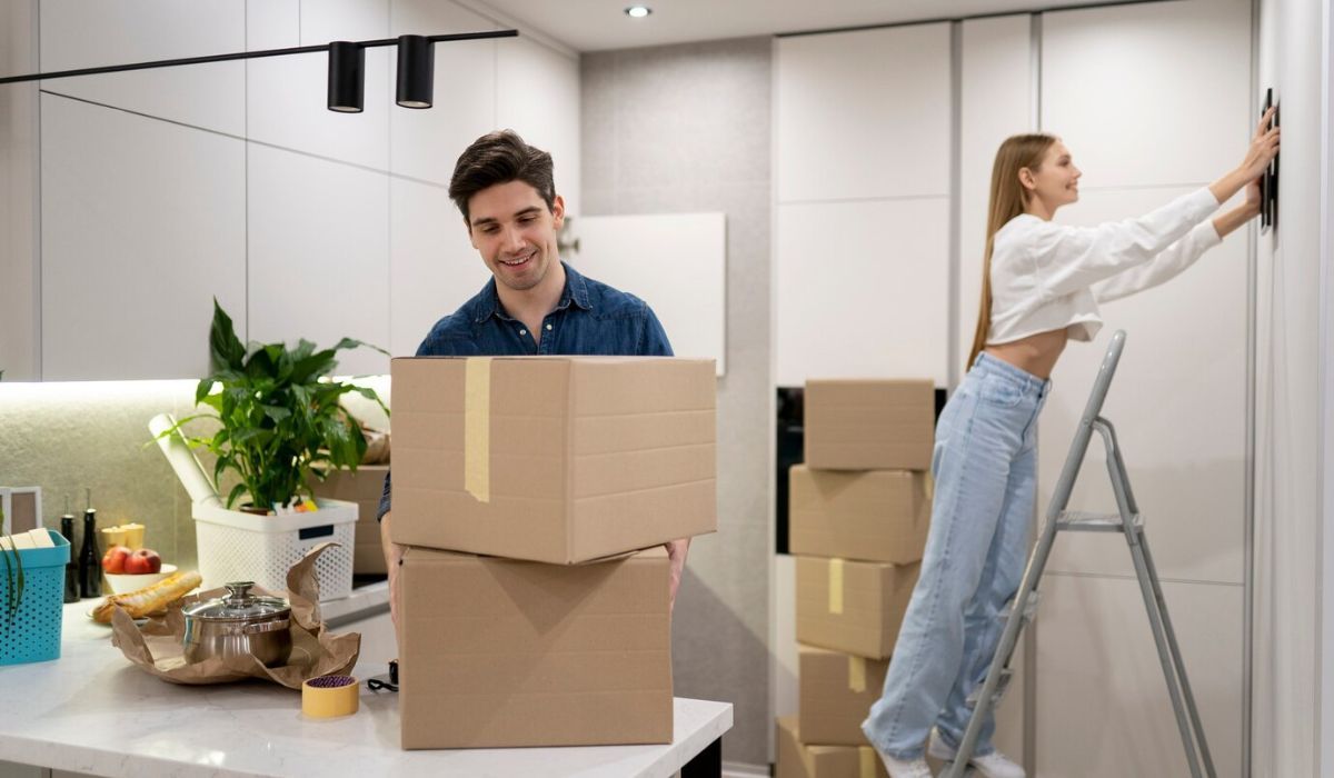 Professional movers lifting dresser