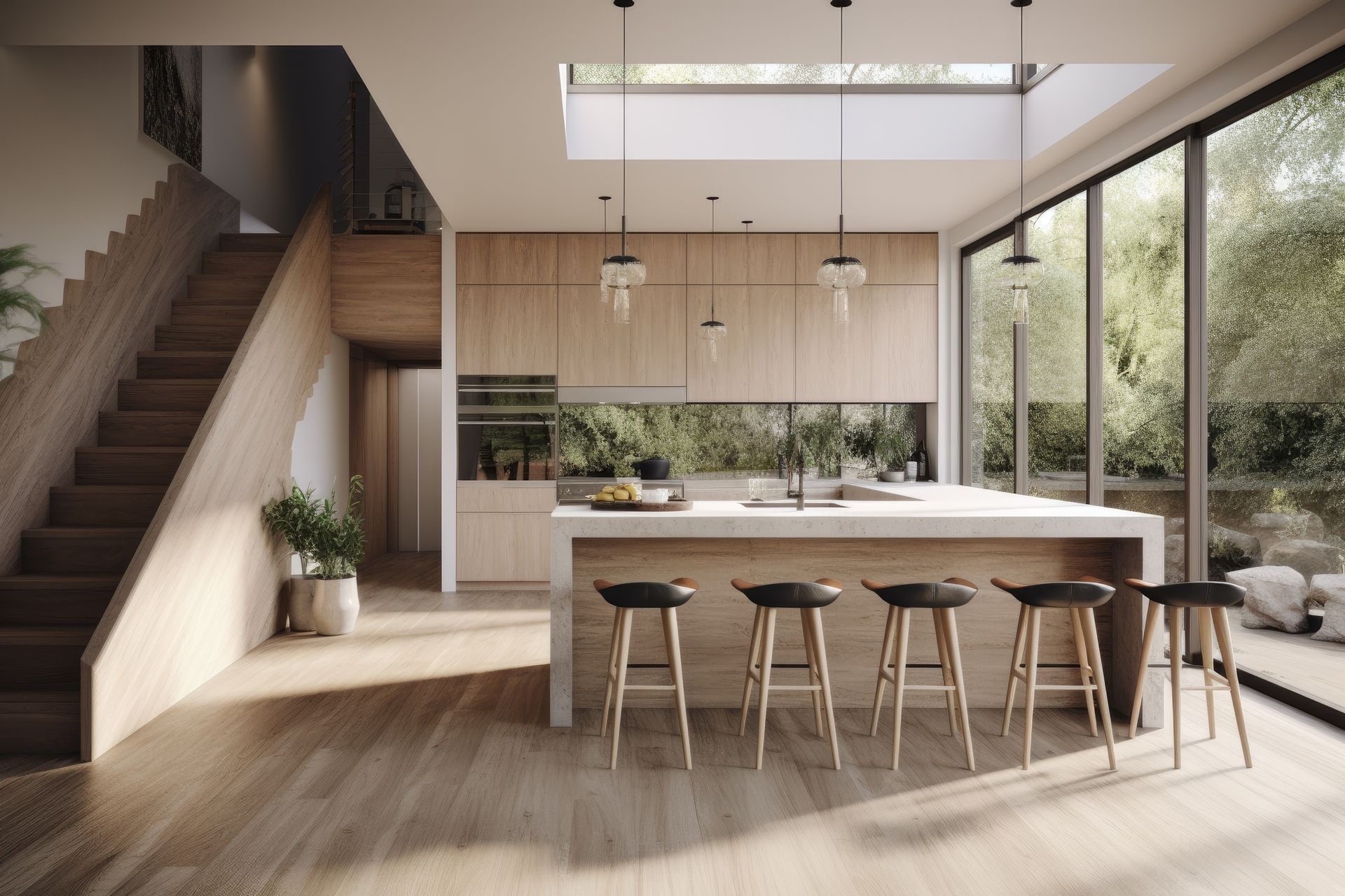 Une cuisine avec un grand îlot et des tabourets et un escalier.