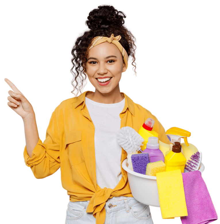 Happy Woman Holding Cleaning Materials