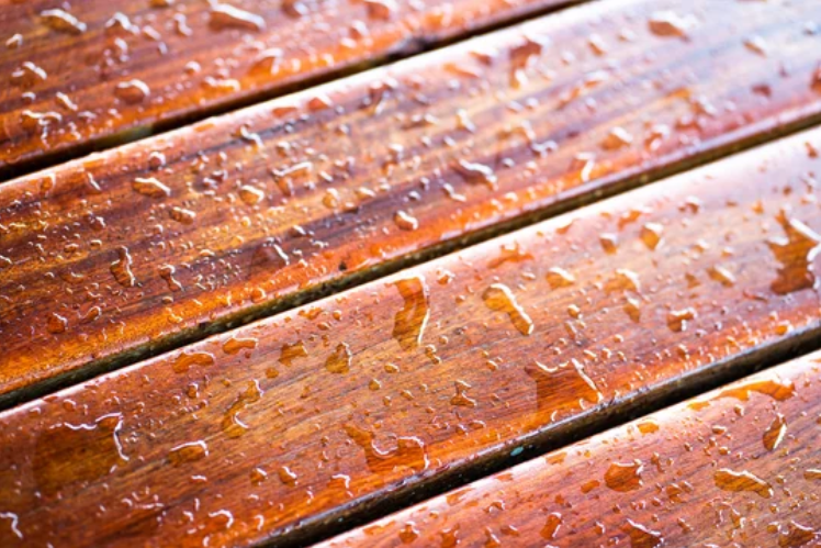 Close-up of water droplets glistening on the smooth surface of a wooden deck.