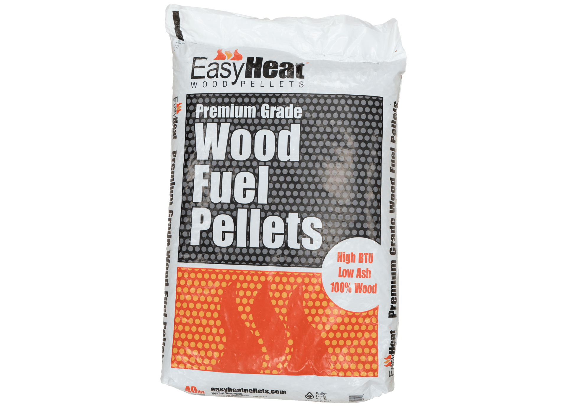 Bag of EasyHeat Premium Grade Wood Fuel Pellets. White bag with black and orange text.