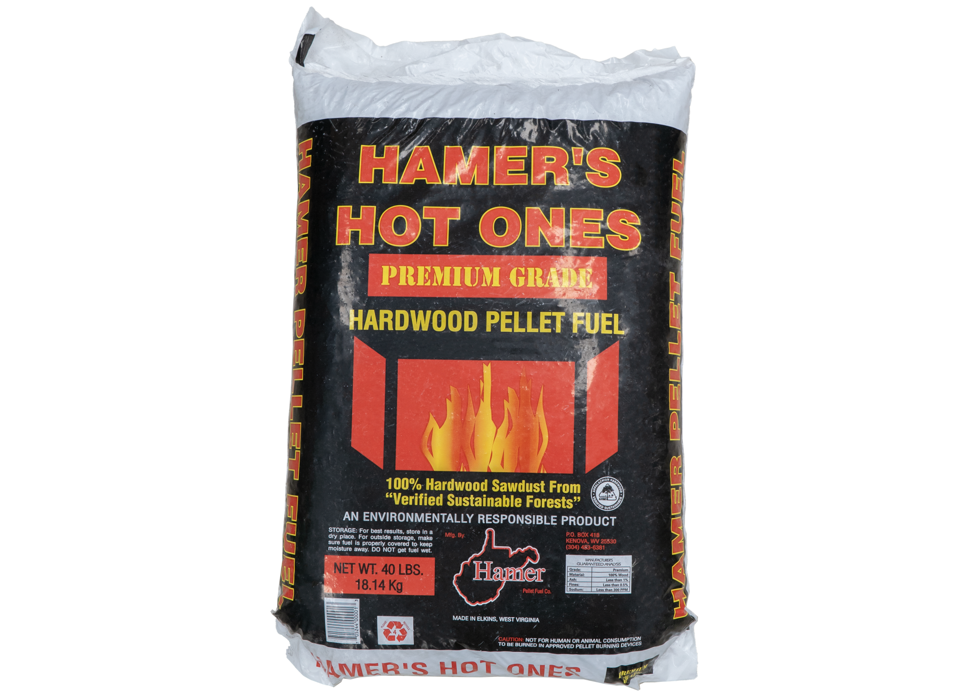 Bag of Hamer's Hot Ones hardwood pellet fuel; black, orange, and white; illustration of a fireplace with flames.