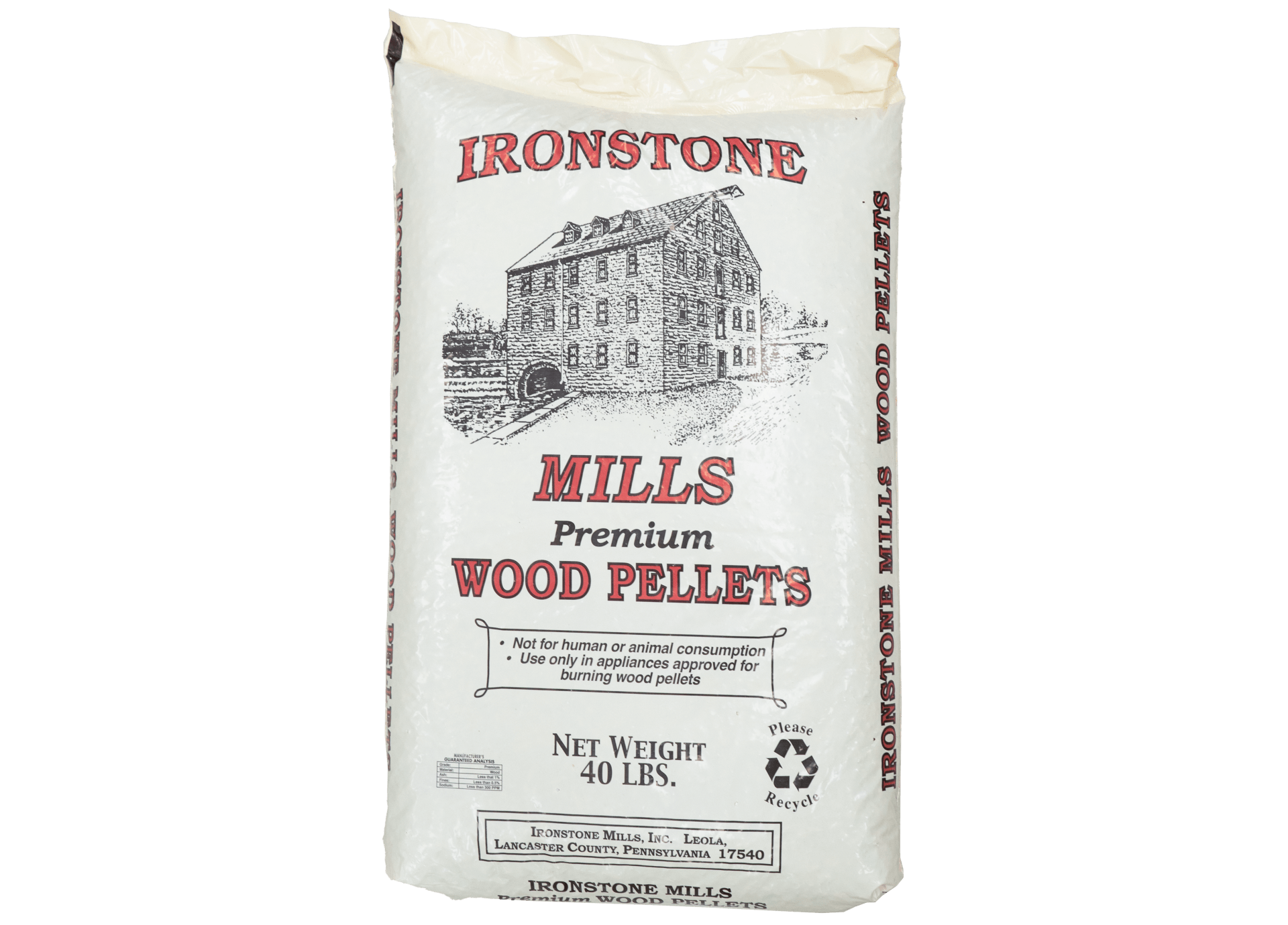 Bag of Ironstone Mills premium wood pellets, white with red text and mill illustration.