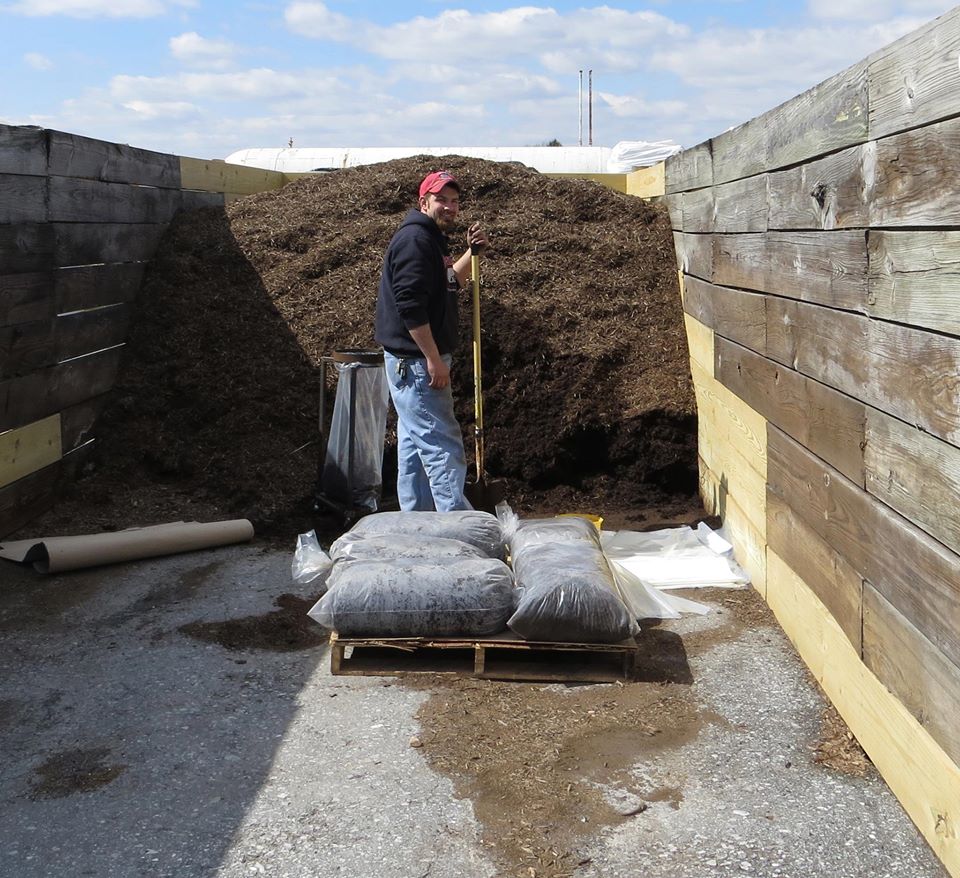Man standing with shovel, near large mulch pile and bags on a pallet, within a wooden enclosure.