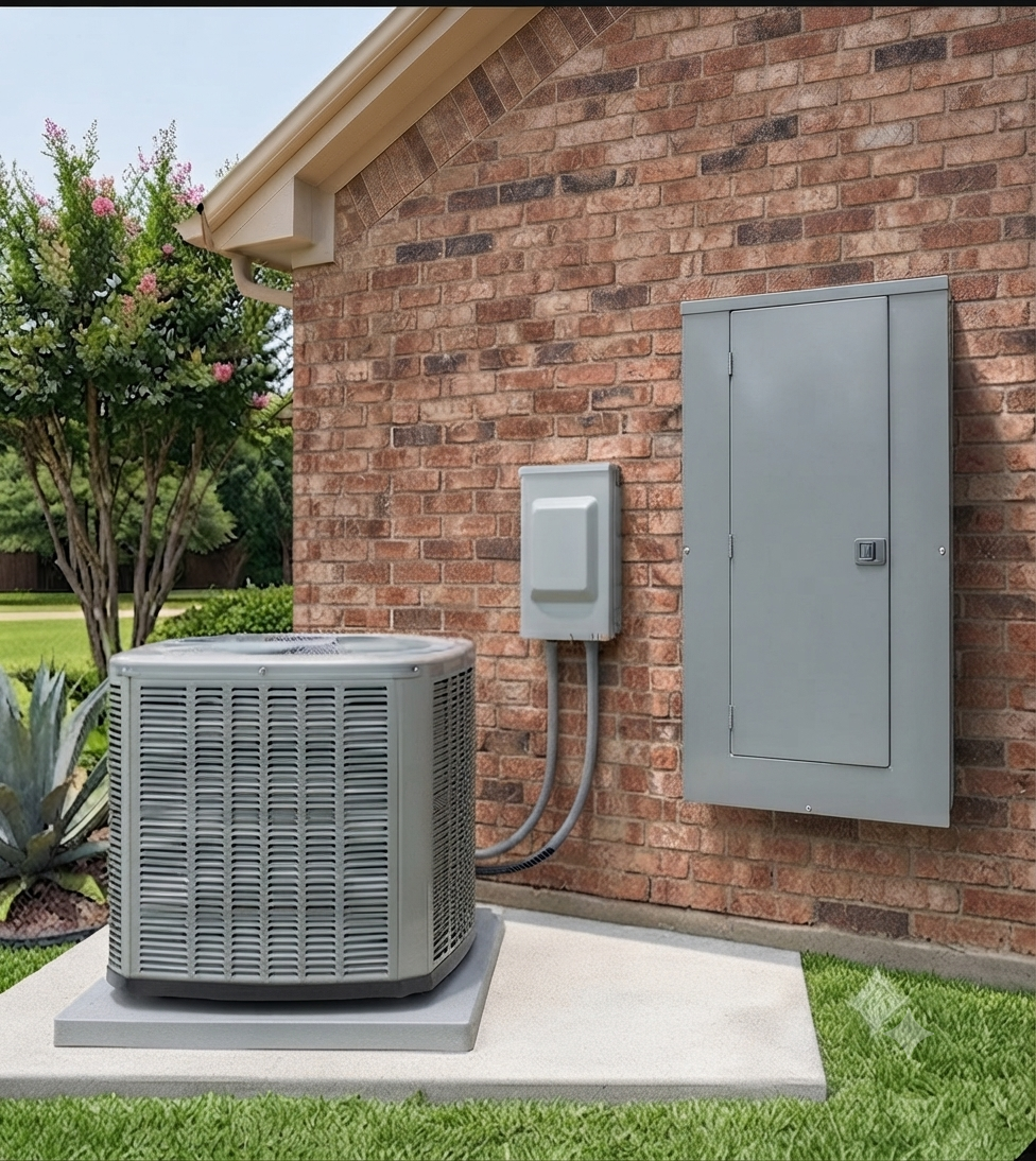 Outdoor air conditioner unit beside brick house with electrical boxes and green lawn