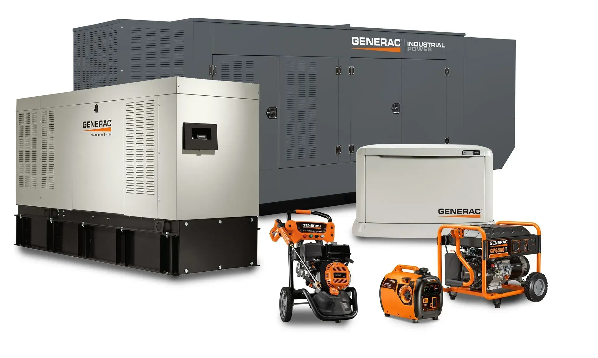 A group of generators are sitting next to each other on a white background.