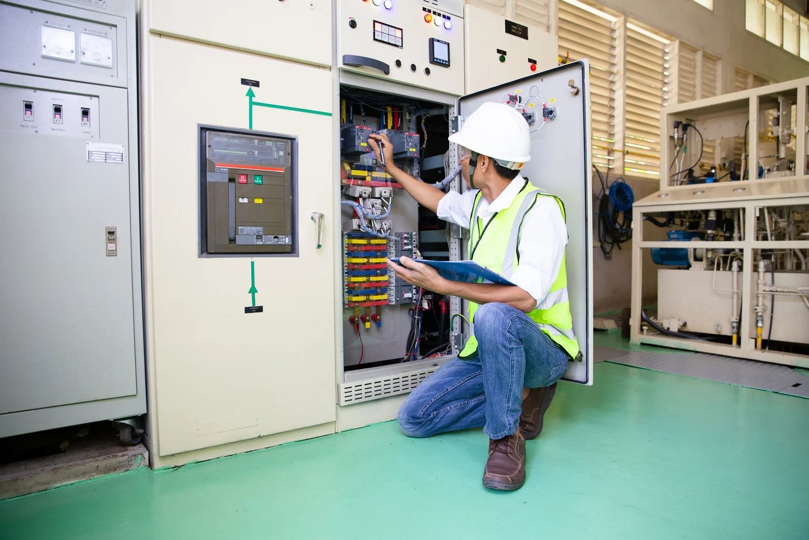 Technician kneeling at open electrical control panel in industrial room, wearing hard hat and safety vest.